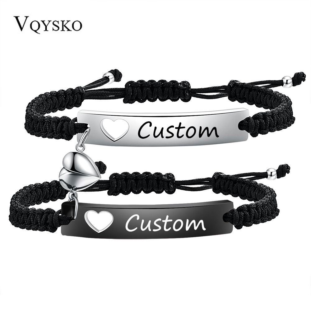 Men Accessories Wrist - Benutzerdefiniertes Edelstahl-Paar-Armband-Set, schwarz gewebt, mit Herz-Magnetsauger,
